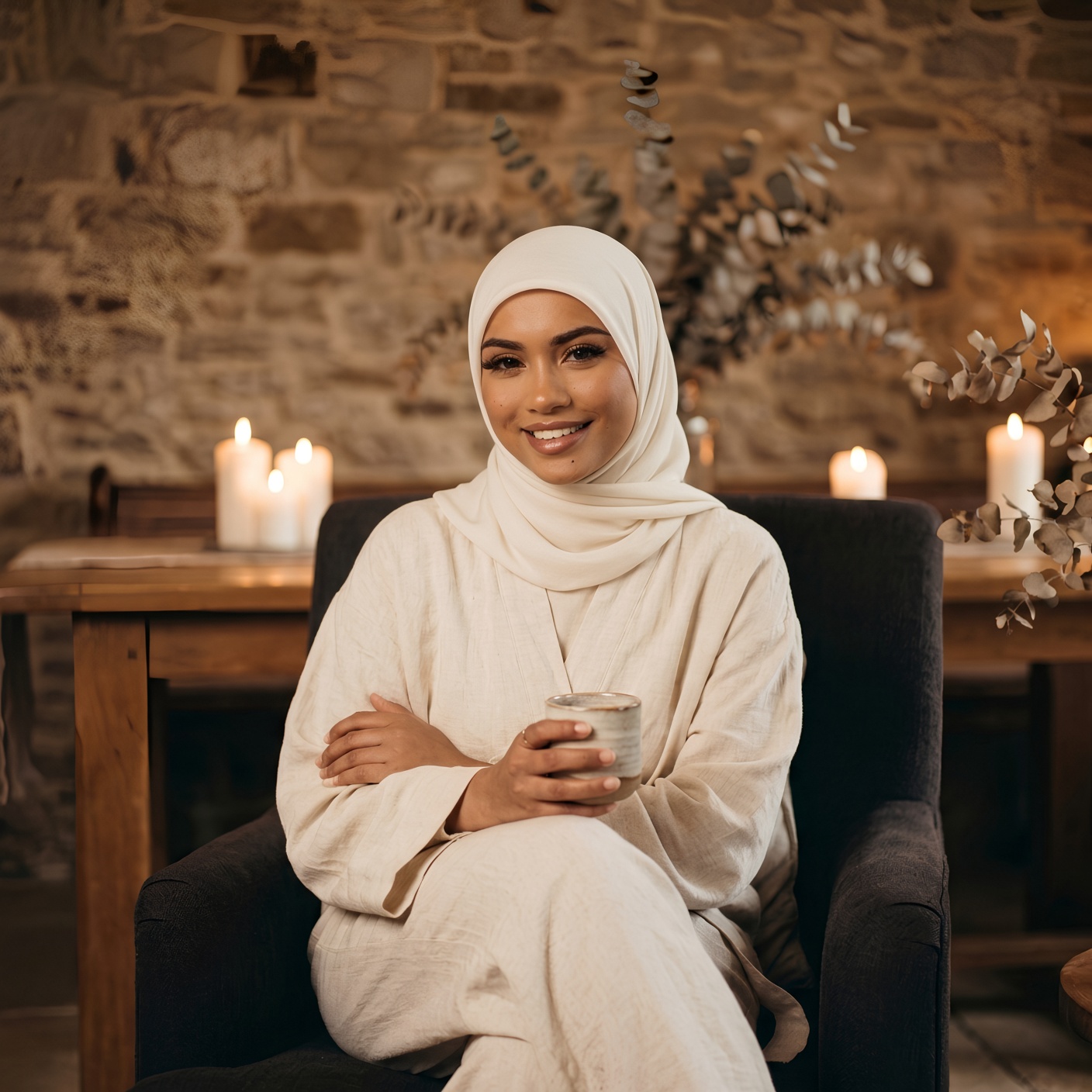 Halima Yasmin, founder of haloe, seated with a cup of tea